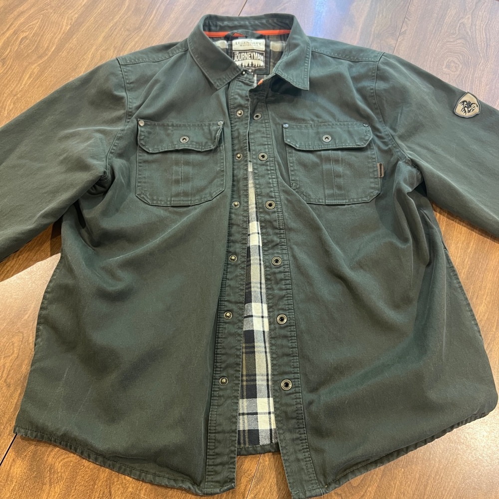Legendary Whitetails Journeyman Mens Large Green Flannel Lined Shirt Jacket Snap